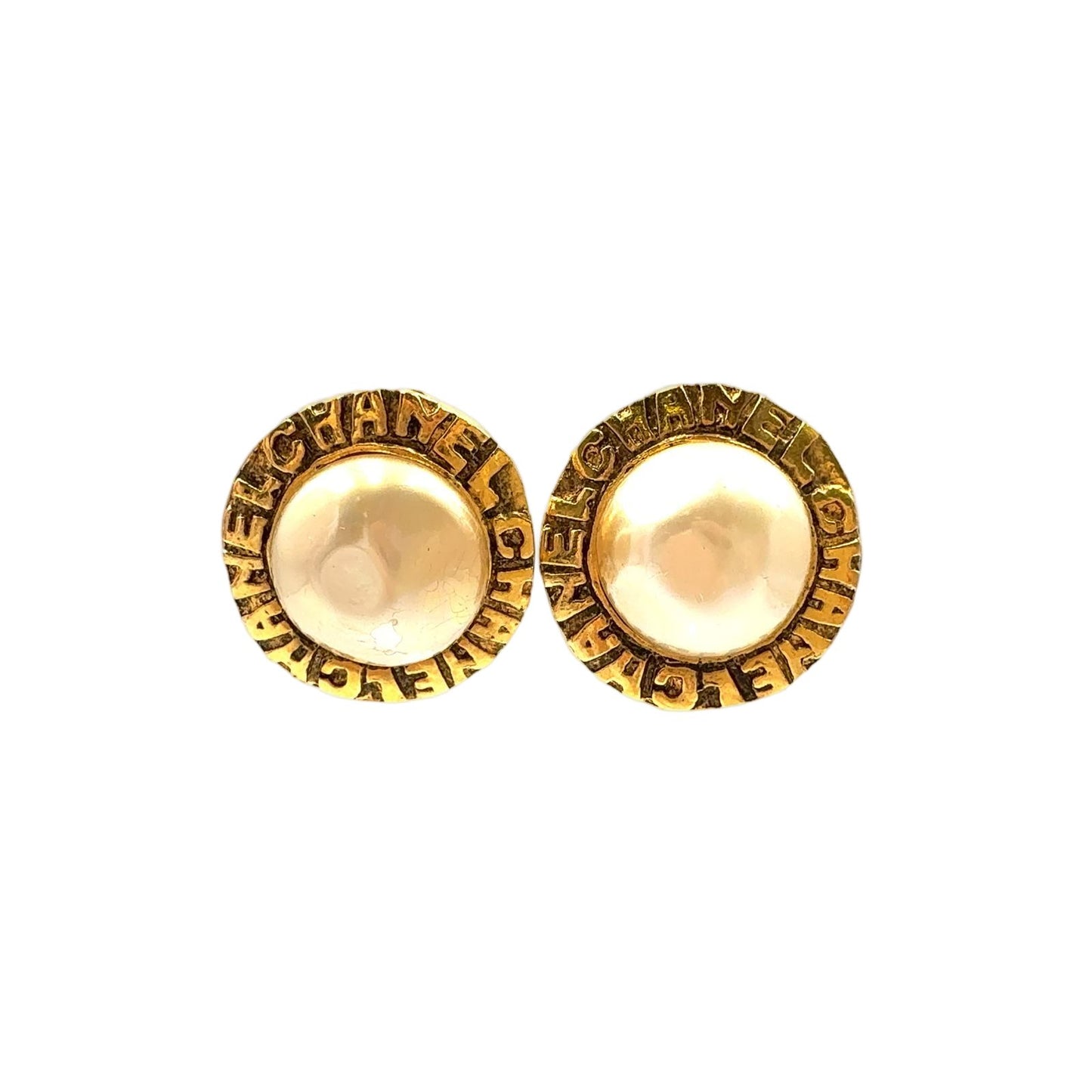 Chanel Round Logo Faux Pearl Gold White Earrings