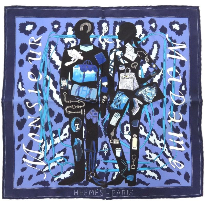 Hermes Carre 40 Monsieur ET Madame & Silk Blue Scarf 0821