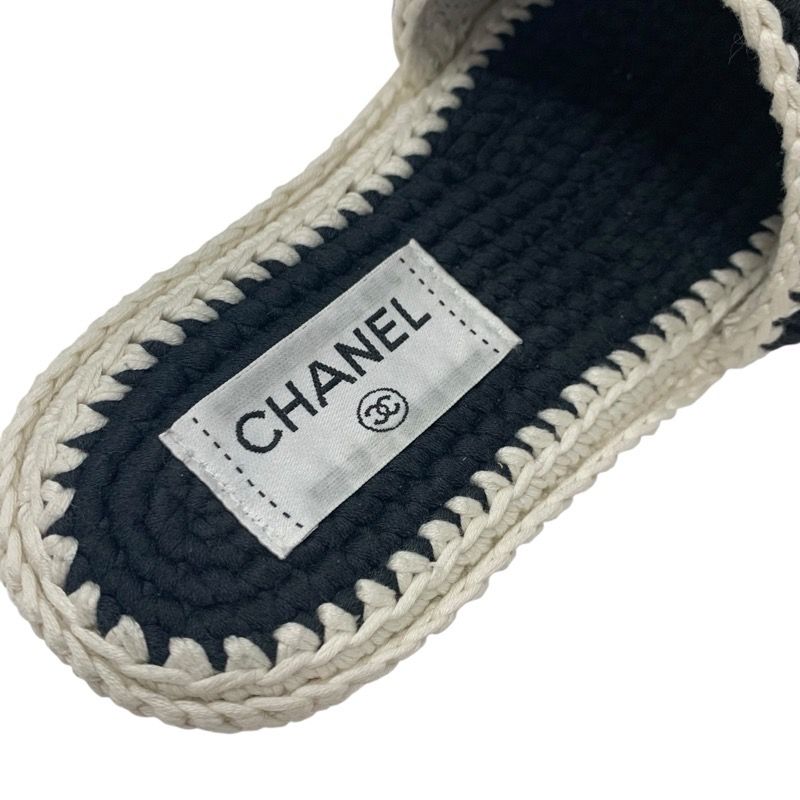 Chanel Sandals Shoes Fabric Black White Coco Mark Camellia Knit Flat Mule