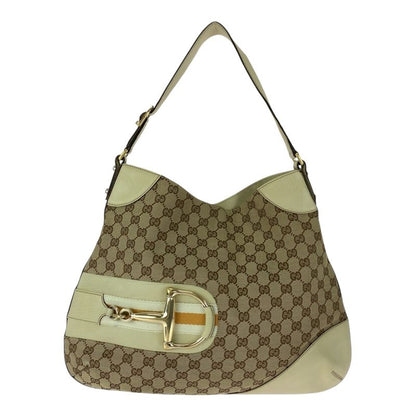 Gucci Horsebit Beige Ivory Gold Hardware GG Canvas 137386 Shoulder Bag Women