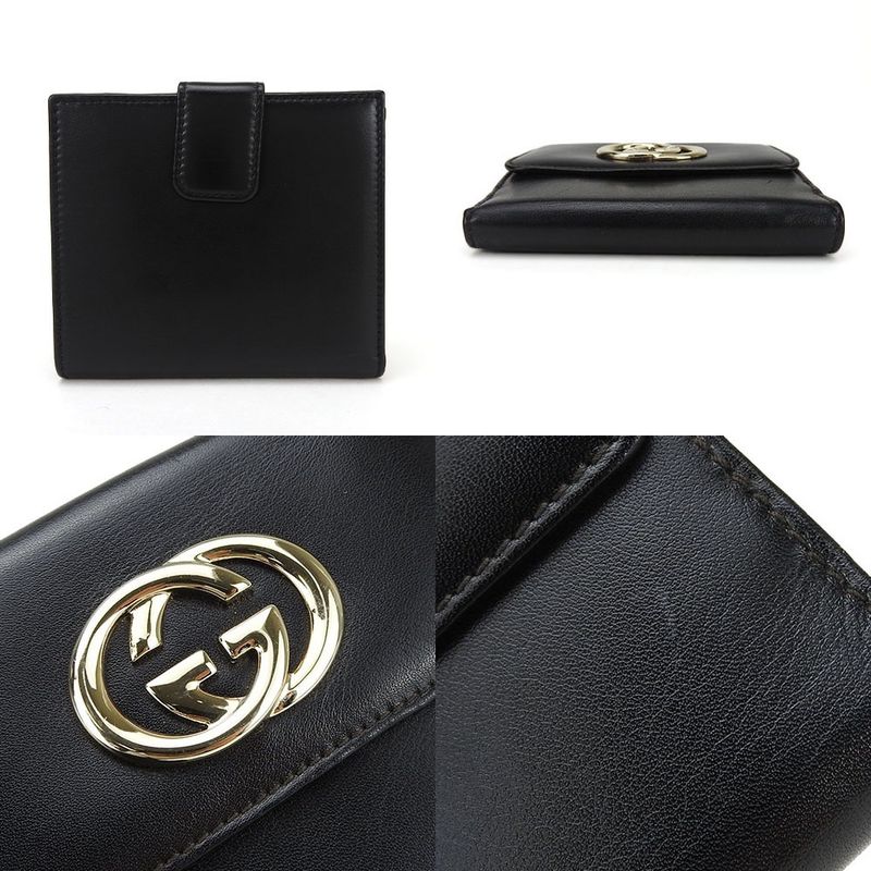 Gucci W Hook Wallet Compact Wallet 162759 Double G Leather Black Small Black