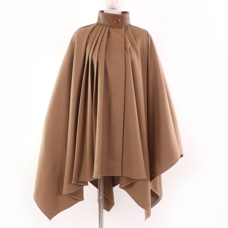 Gucci 730905 100% Wool Leather Large Cape Coat With Logo Buttons Poncho Brown