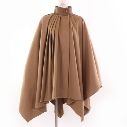 Gucci 730905 100% Wool Leather Large Cape Coat With Logo Buttons Poncho Brown