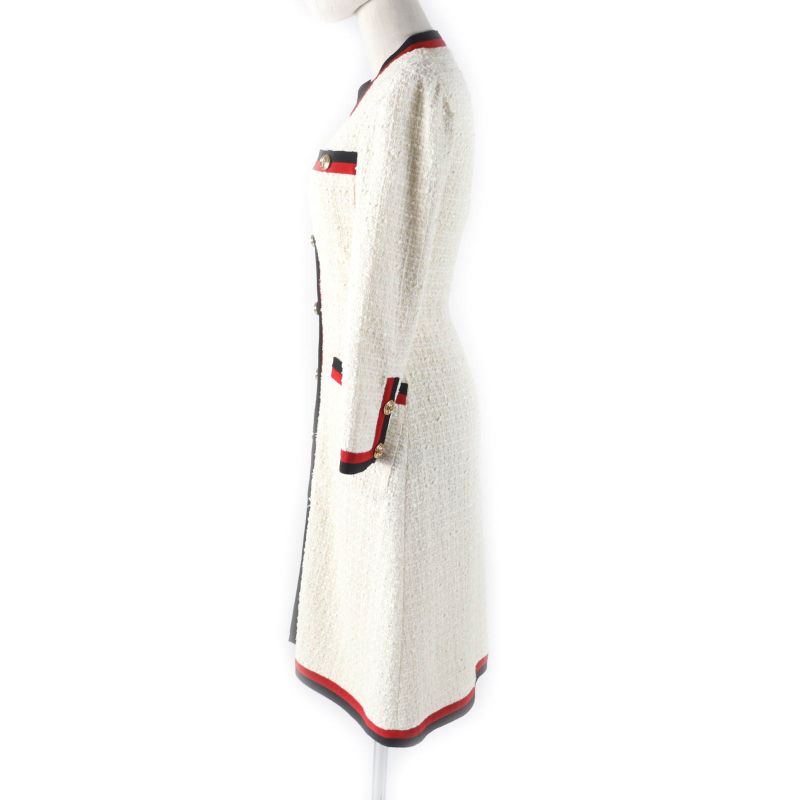 Gucci 19SS 551562 Webline V-neck Tweed Long Dress With GG Buttons Off-white 36