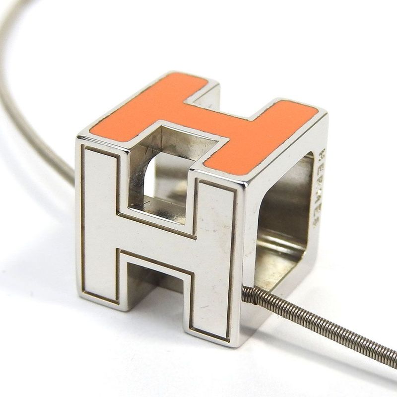 Hermes Necklace Caged Ash H Cube Orange Silver Plated Pendant Accessory Small