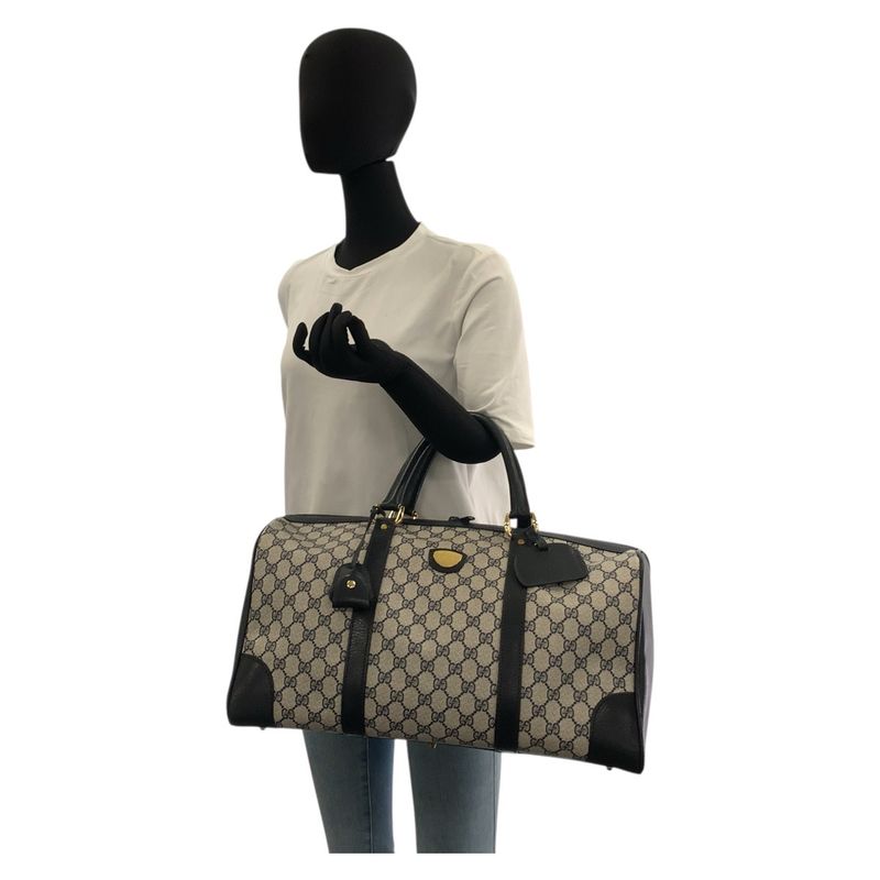 Gucci Vintage Gray Navy Gold Hardware GG Supreme Canvas Boston Bag Handbag