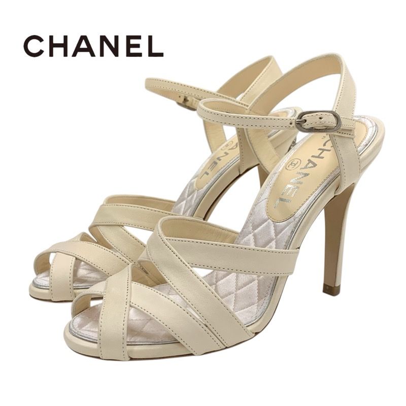 Chanel Sandals Shoes Leather Ivory Coco Mark Rhinestone