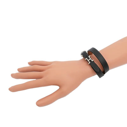 Hermes Leather Bracelet Trench Black Silver-hardware U Engraved Size T5