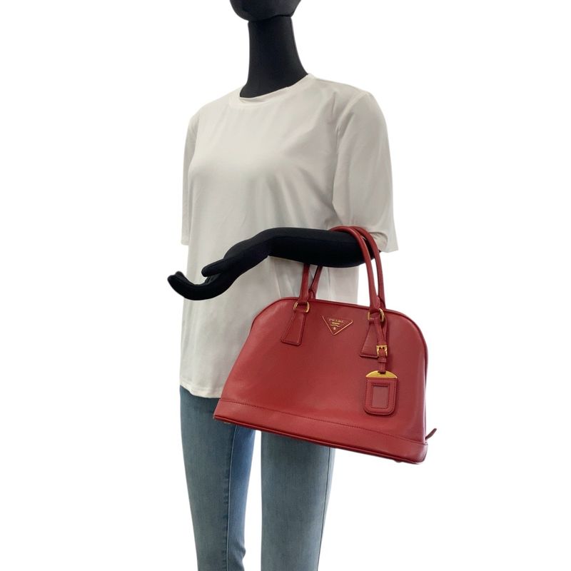 Prada Saffiano Triangle Logo Plate Red Gold Hardware Leather Handbag Shoulder