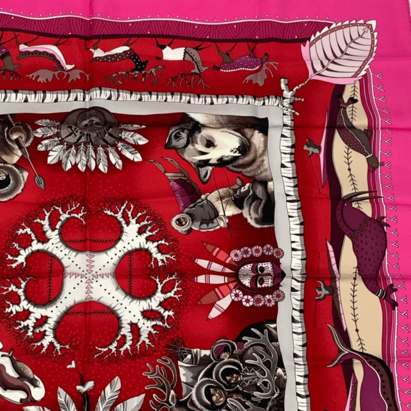 Hermes Carre 90 LA VIE DU Grand NORD Arctic Life Pink Scarf Silk