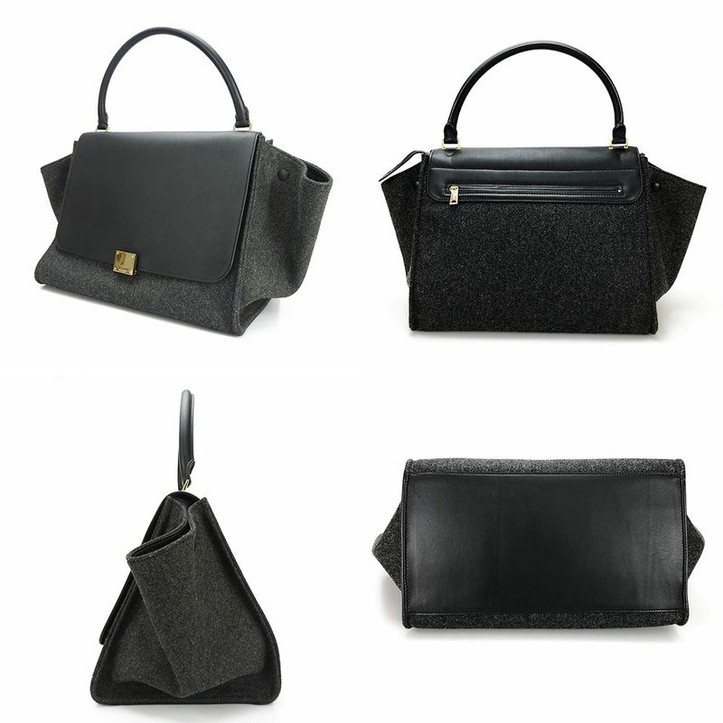 Celine Handbag Trapeze Leather Wool Black Gray Shoulder Women Celine