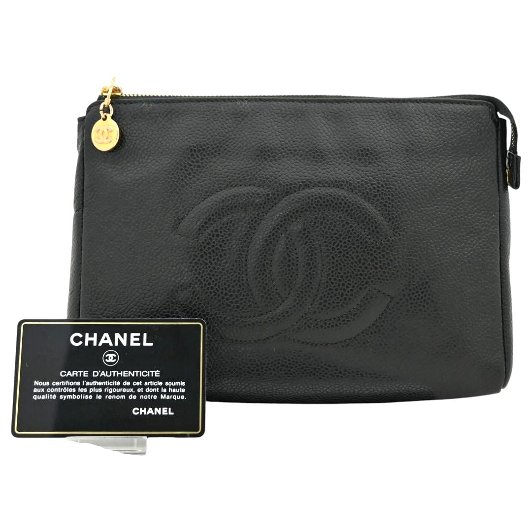 CHANEL CC Caviar Leather Clutch Vanity Cosmetic Makeup Pouch Black Bag