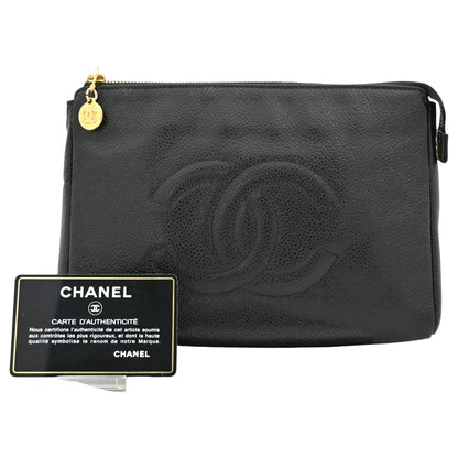 CHANEL CC Caviar Leather Clutch Vanity Cosmetic Makeup Pouch Black Bag