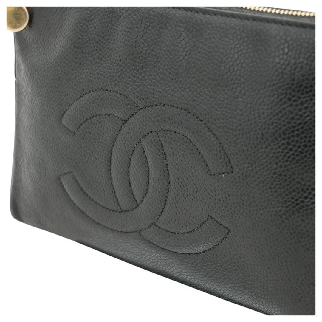 CHANEL CC Caviar Leather Clutch Vanity Cosmetic Makeup Pouch Black Bag