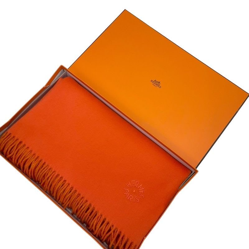 Hermes Double Face Scarf Cashmere Orange Logo Shawl