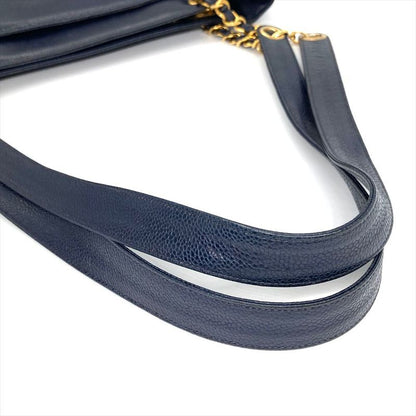 Chanel Triple Coco Mark Tote Bag Caviar Skin Navy Chain Shoulder Women