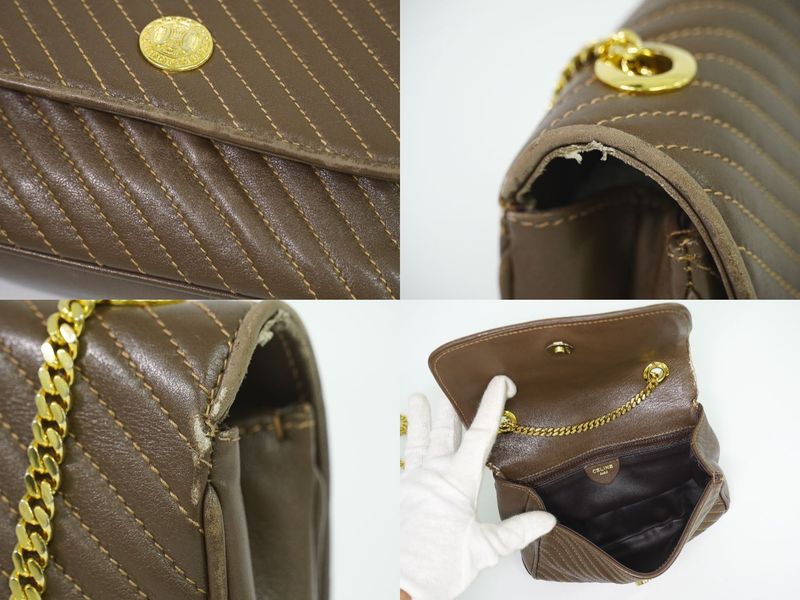 Authentic Celine Quilted Chain Shoulder Bag Pochette Leather Brown Bag Pre-owned