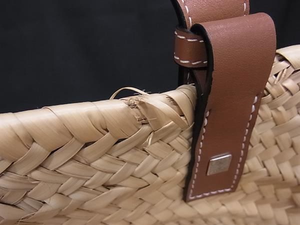 Loewe Anagram Basket Bag Raffia X Leather Handbag Tote Women Brown Fp7236