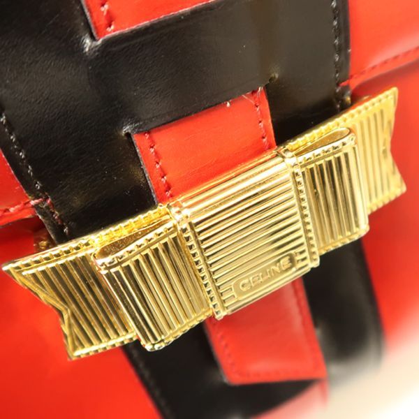 Celine Shoulder Bag Ribbon Hardware Red X Black Bicolor Leather