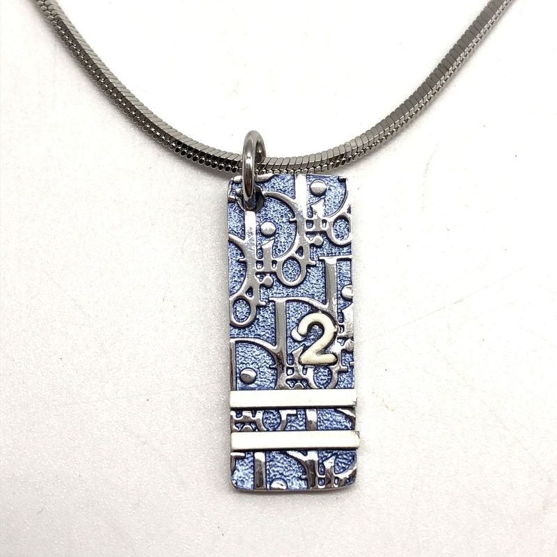 Christian Dior Trotter Plate Necklace Silver Blue Ladies Accessories Used 006389