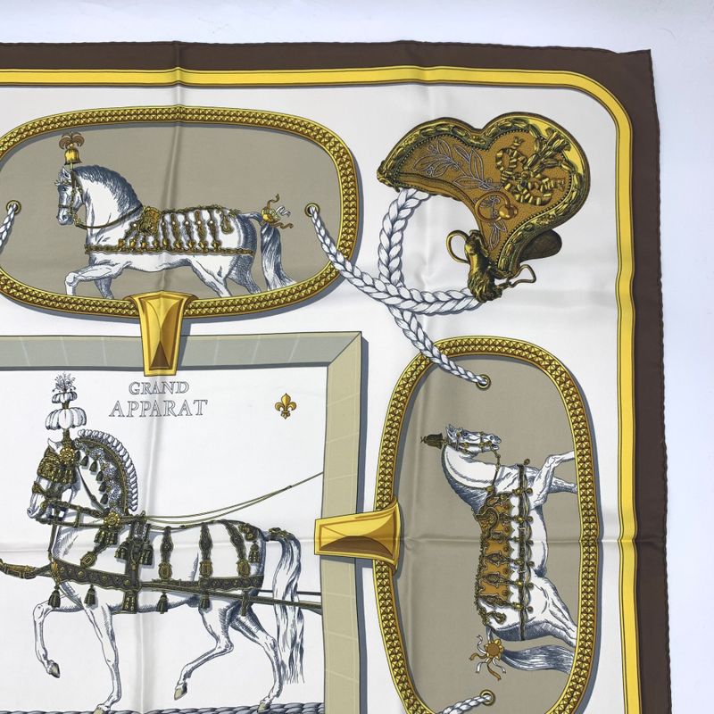 Hermes Carre 90 Grand Apparat Horse In Full Dress Brown X Gold X White Scarf