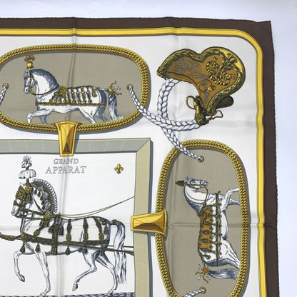 Hermes Carre 90 Grand Apparat Horse In Full Dress Brown X Gold X White Scarf
