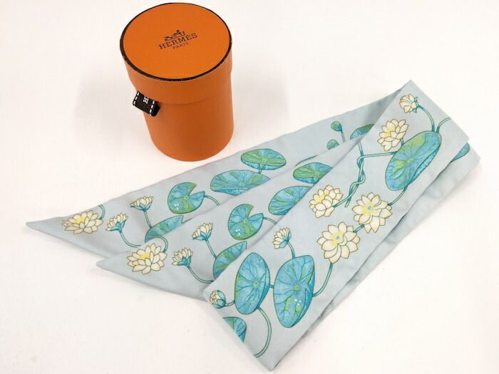 Hermes Twilly Scarf 100% Silk Lotus Flower Light Blue Multicolor