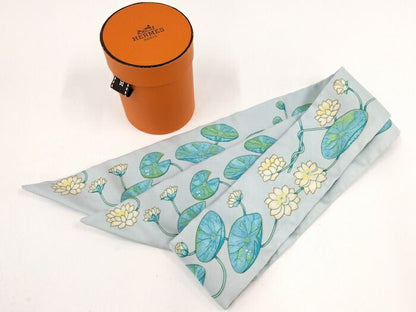Hermes Twilly Scarf 100% Silk Lotus Flower Light Blue Multicolor