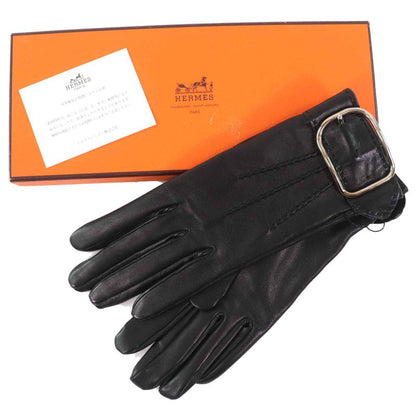 Hermes Belt Hardware Buckle Design Leather Gloves Black Silver Hardware 6.5