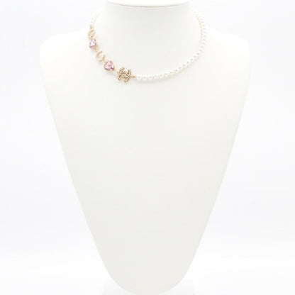 Chanel Necklace Pendant Choker White Gold Pink Here Mark Heart Stone