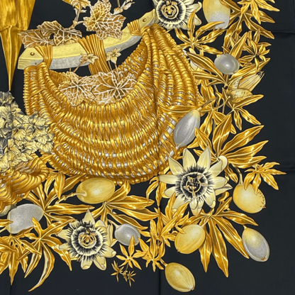 Hermes Carre 90 Passiflores Passion Flower Black 100% Silk Scarf