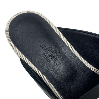 Hermes Groupie Flat Shoes Canvas Leather Black Unused Mule Slipper Sandals
