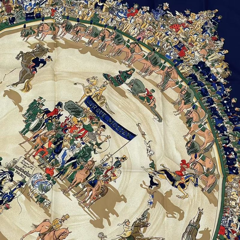 Hermes Carre 90 Cirque Molier Molie Circus Scarf 100% Silk Navy