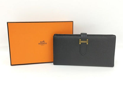 Hermes Bearn Souffle Folding Long Wallet Vaux Epson Leather Black Stamped D
