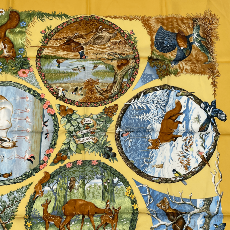 Hermes Carre 90 Les Quatre Saisons Four Seasons Silk Scarf Yellow