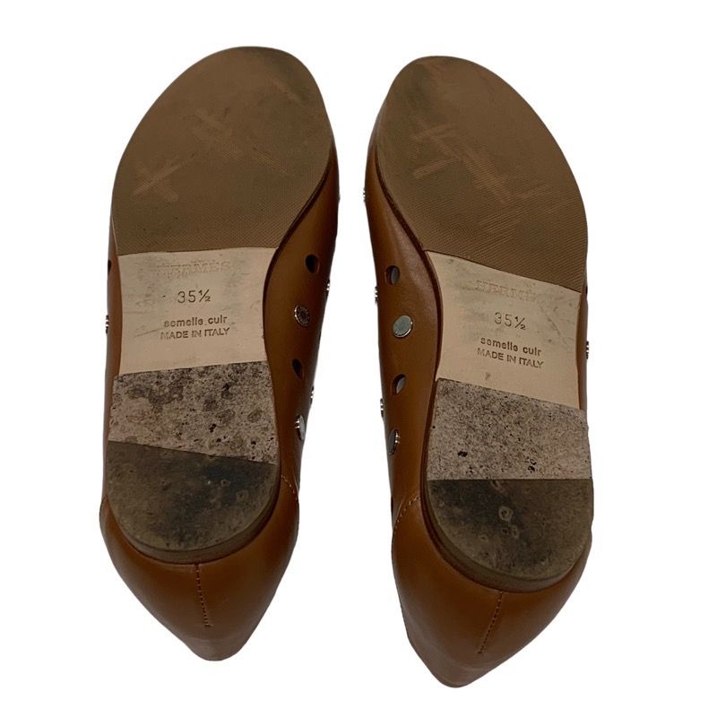 Hermes Flat Shoes Leather Brown Silver Punching Serie Button
