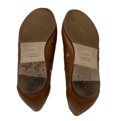 Hermes Flat Shoes Leather Brown Silver Punching Serie Button