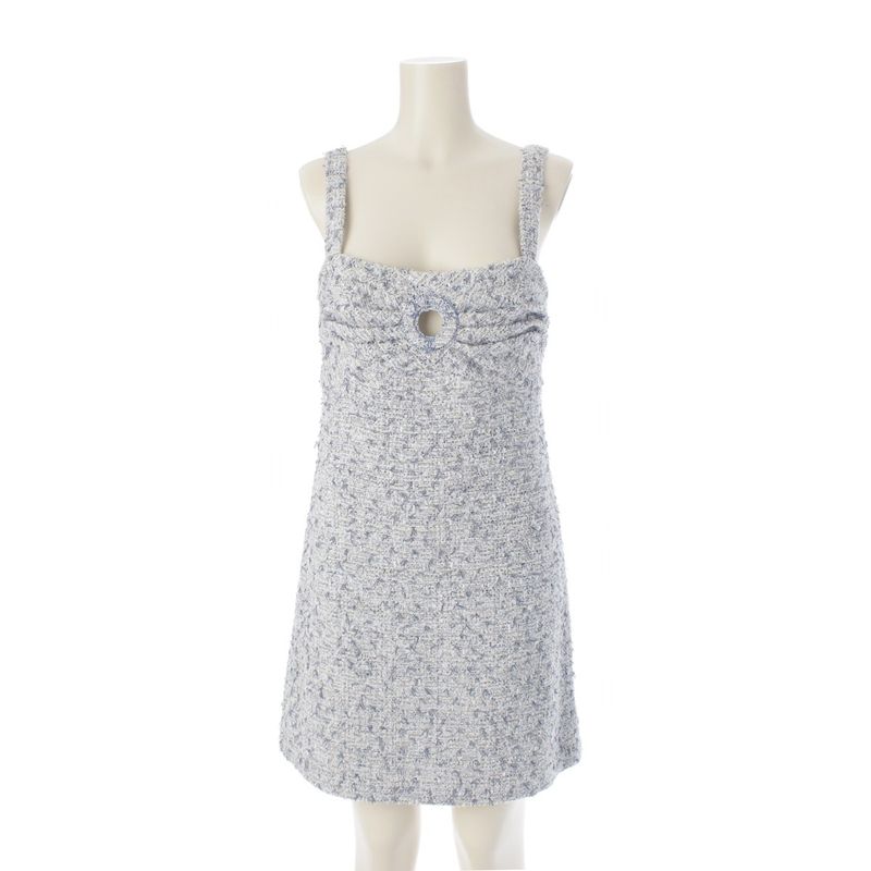 Chanel Circle Cut Out Rhinestone Tweed Mini Sleeveless Dress P60222 Blue 40