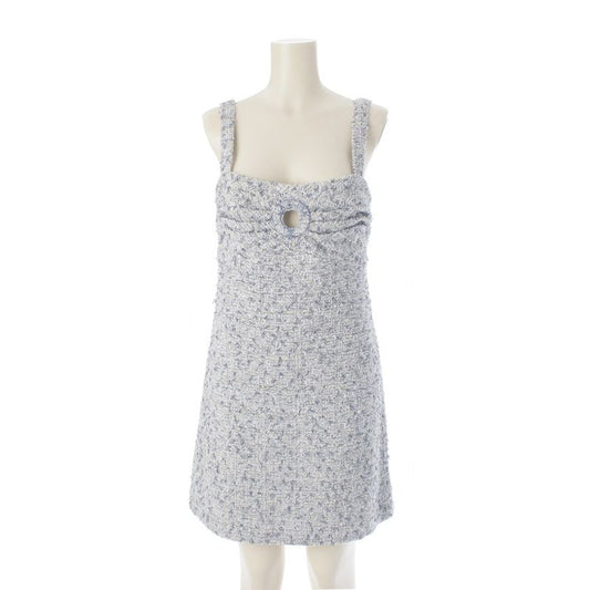 Chanel Circle Cut Out Rhinestone Tweed Mini Sleeveless Dress P60222 Blue 40