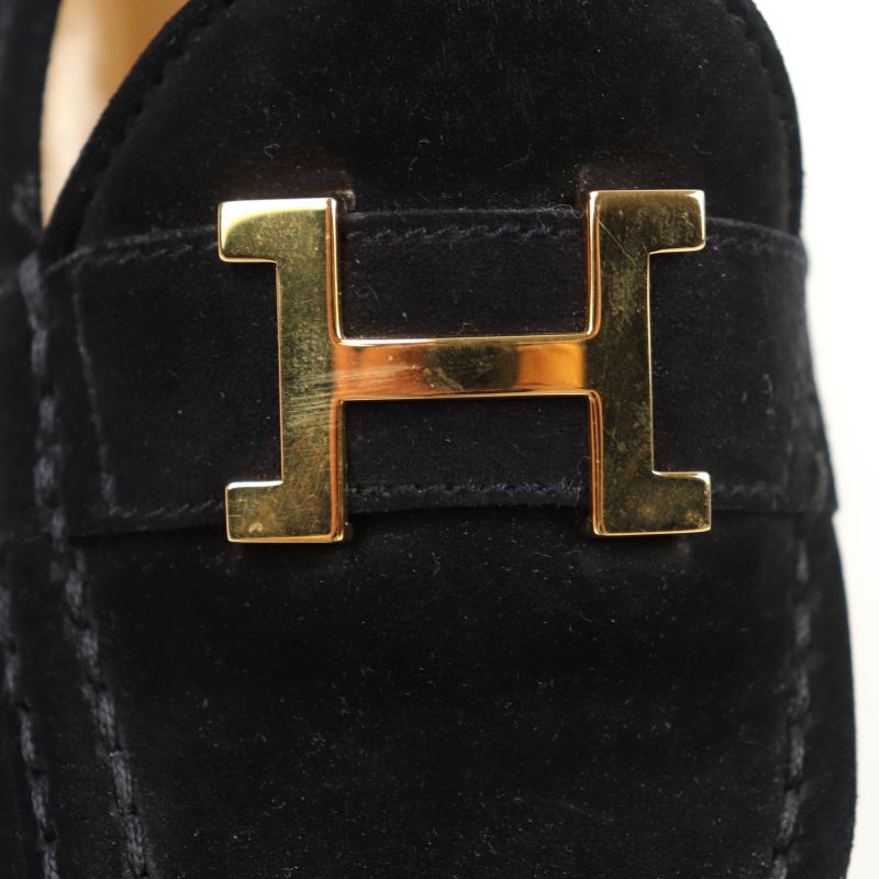 Hermes Gold Hardware With H Logo Hardware Chunky Heel Suede Leather Loafers