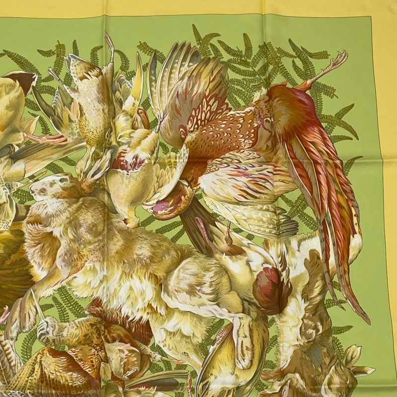 Hermes Carre 90 Scarf Linares Animals Birds Camo Yellow