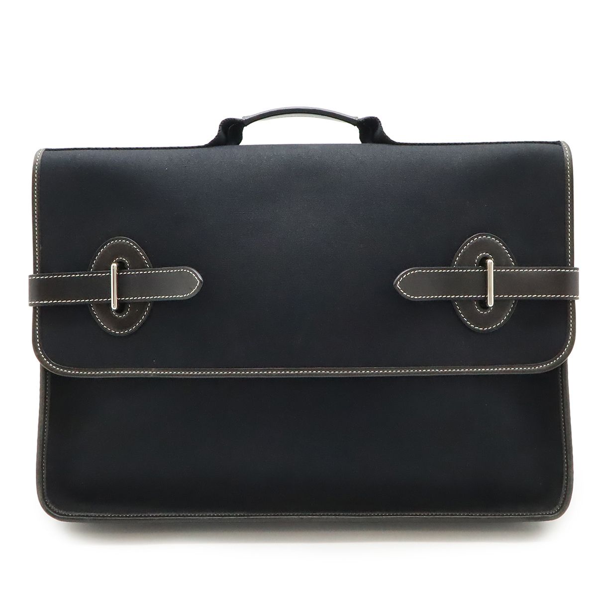 Hermes Buenaventura MM Handbag Toile Officier Leather Black Black Missing