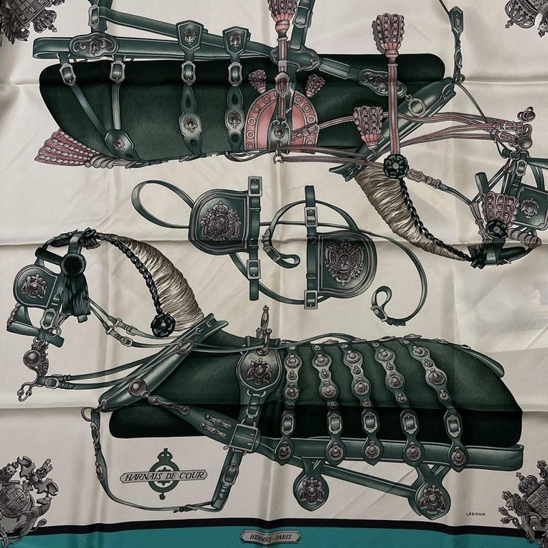 Hermes Scarf Carré 90 White Green And Pink Harnais DE COUR / Harness Silk