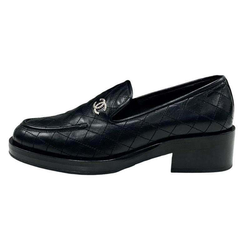 Chanel Loafer Leather Shoes Leather Black Silver Matelasse Here Mark