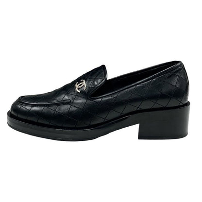 Chanel Loafer Leather Shoes Leather Black Silver Matelasse Here Mark