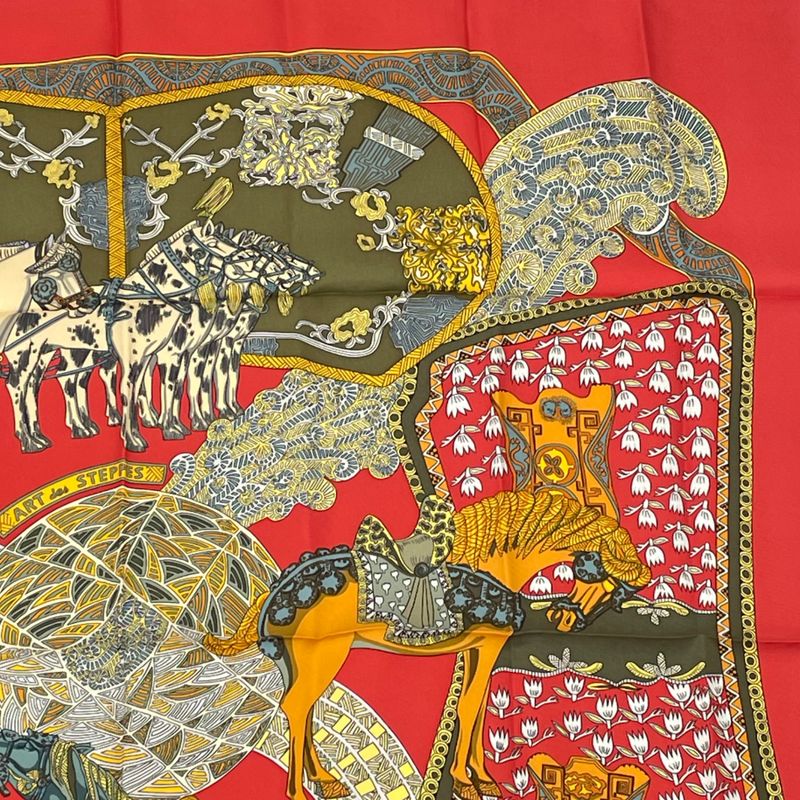 Hermes Carre 90 ART Des Steppes Step Art Horse Scarf Silk Red