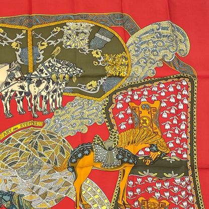 Hermes Carre 90 ART Des Steppes Step Art Horse Scarf Silk Red