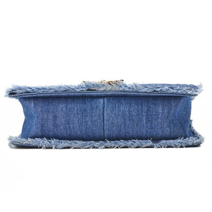 Chanel Boy Chanel Patchwork Chain Shoulder Denim Blue With Gold Hardware