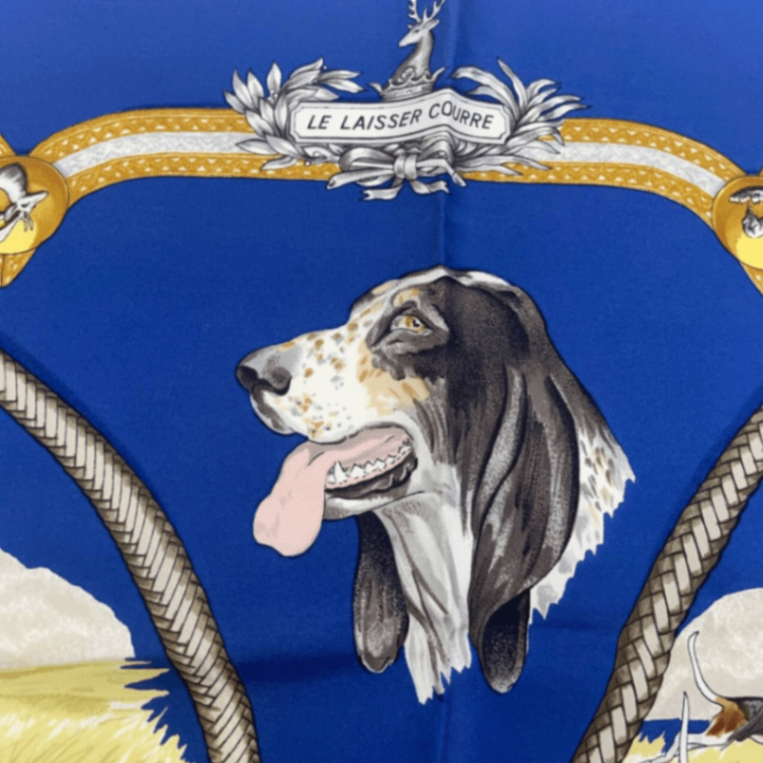 Hermes Carre 90 LE Laisser Courre Hound Blue 100% Silk Scarf