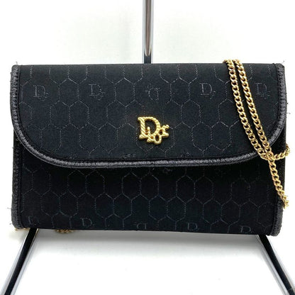 DIOR Shoulder Bag Chain Shoulder Black Gold Canvas Fashion Women Vintage